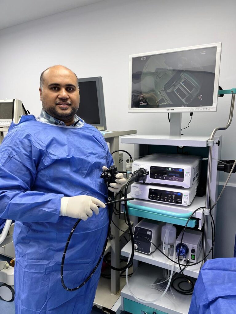 Modern endoscopy room for gastroscopy procedures performed by Dr. Abdel Aziz El-Saadi, Consultant Gastroenterologist.