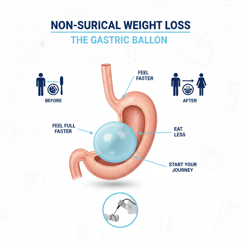 Medical infographic showing gastric balloon placement for weight loss by Dr. Abdelaziz El.Saadi