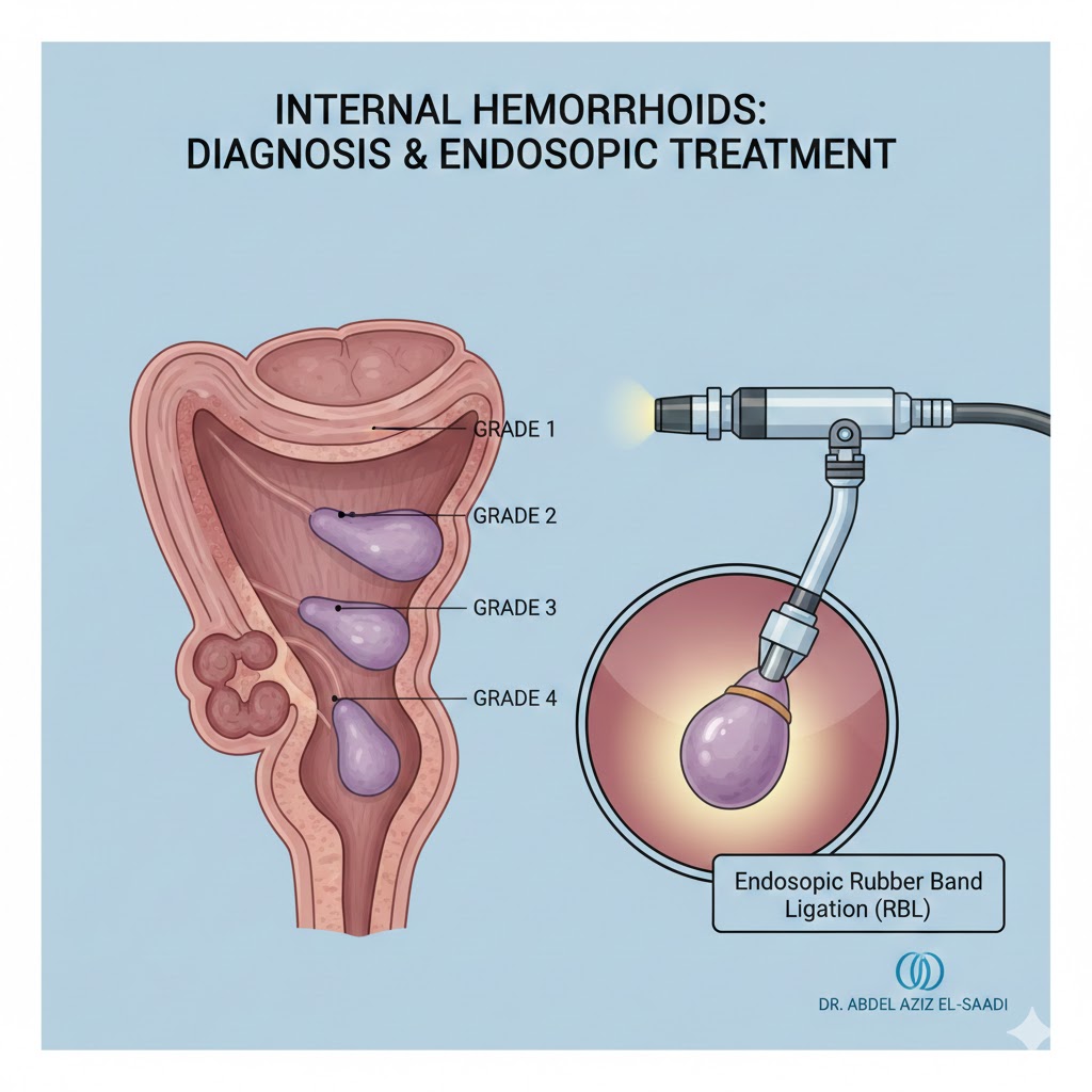Medical illustration showing the four grades of internal hemorrhoids and the process of endoscopic rubber band ligation (RBL) by Dr. Abdel Aziz El-Saadi.